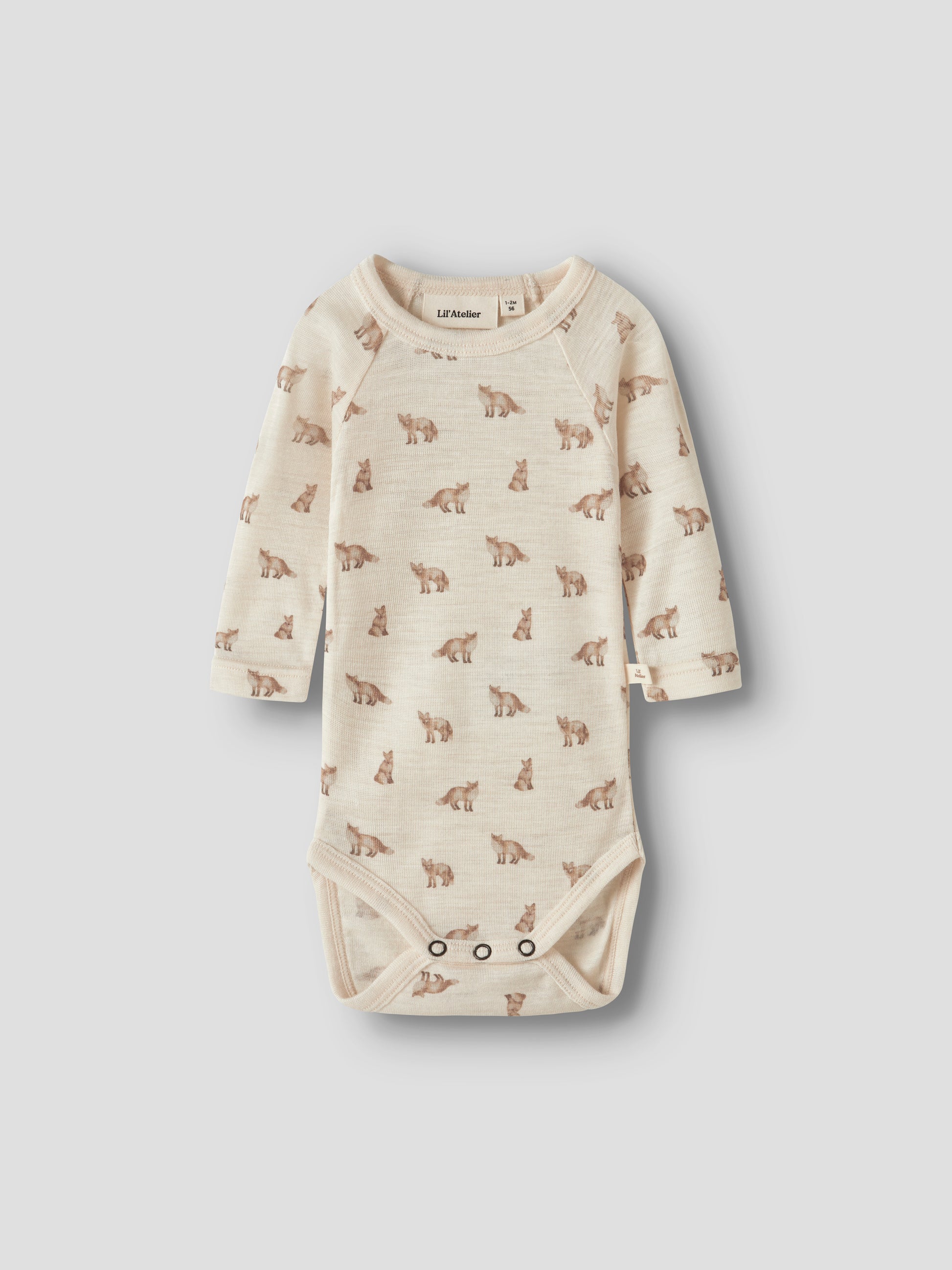 Merino/Modal Langarmbody mit Fuchsprint in Turtledove, Vorderansicht