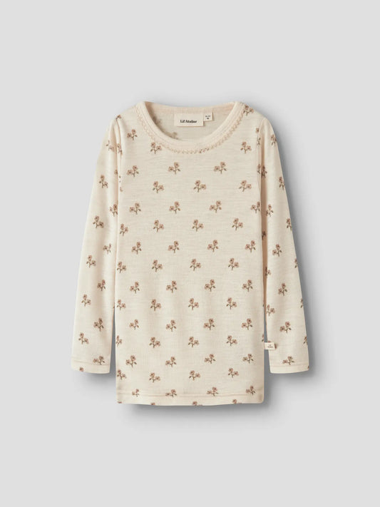 Merino/Modal Langarmshirt mit Blumenprint in Turtledove, Vorderansicht