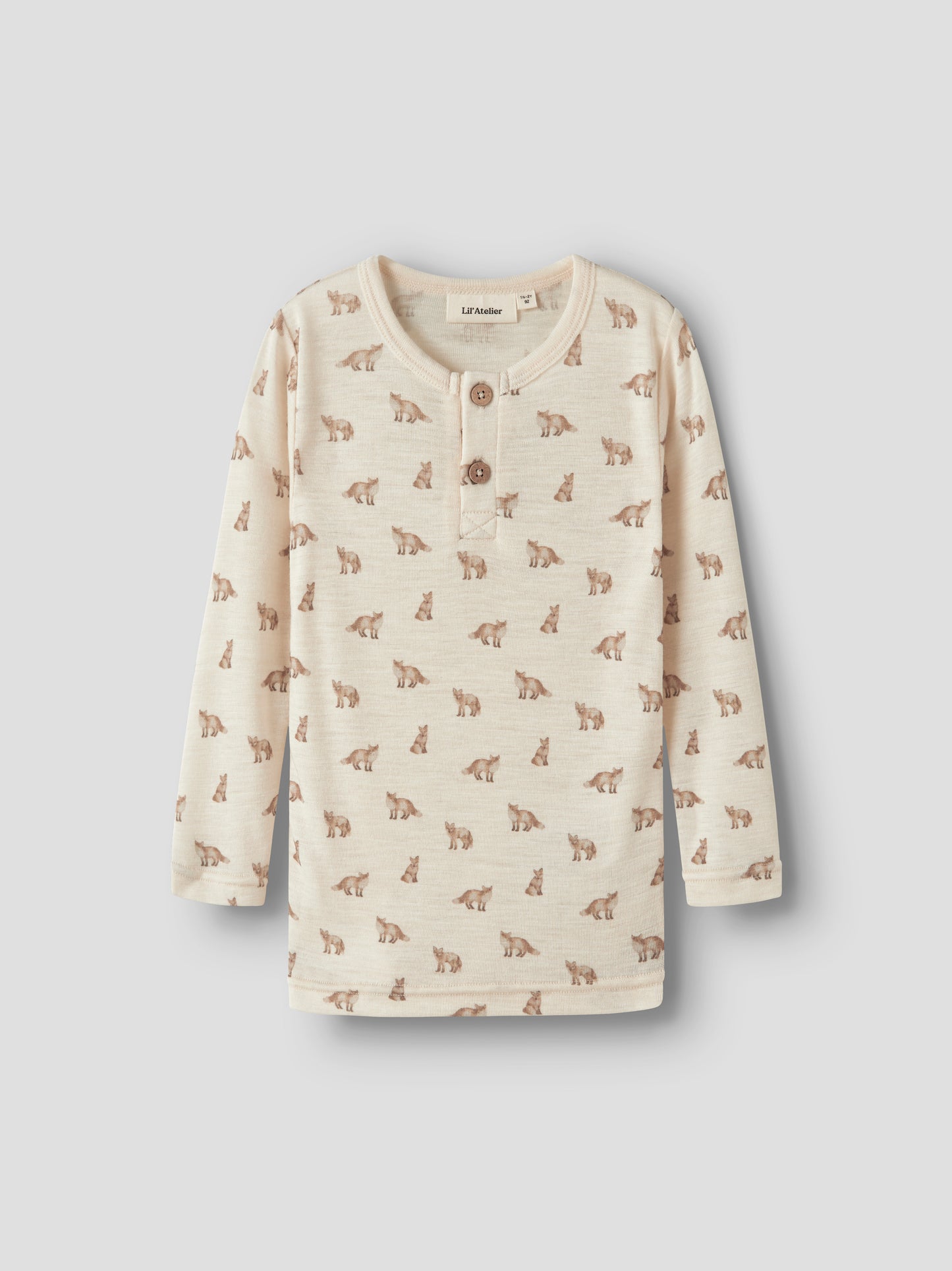 Merino/Modal Langarmshirt mit Fuchsprint in Turtledove, Vorderansicht mit O-Ausschnitt
