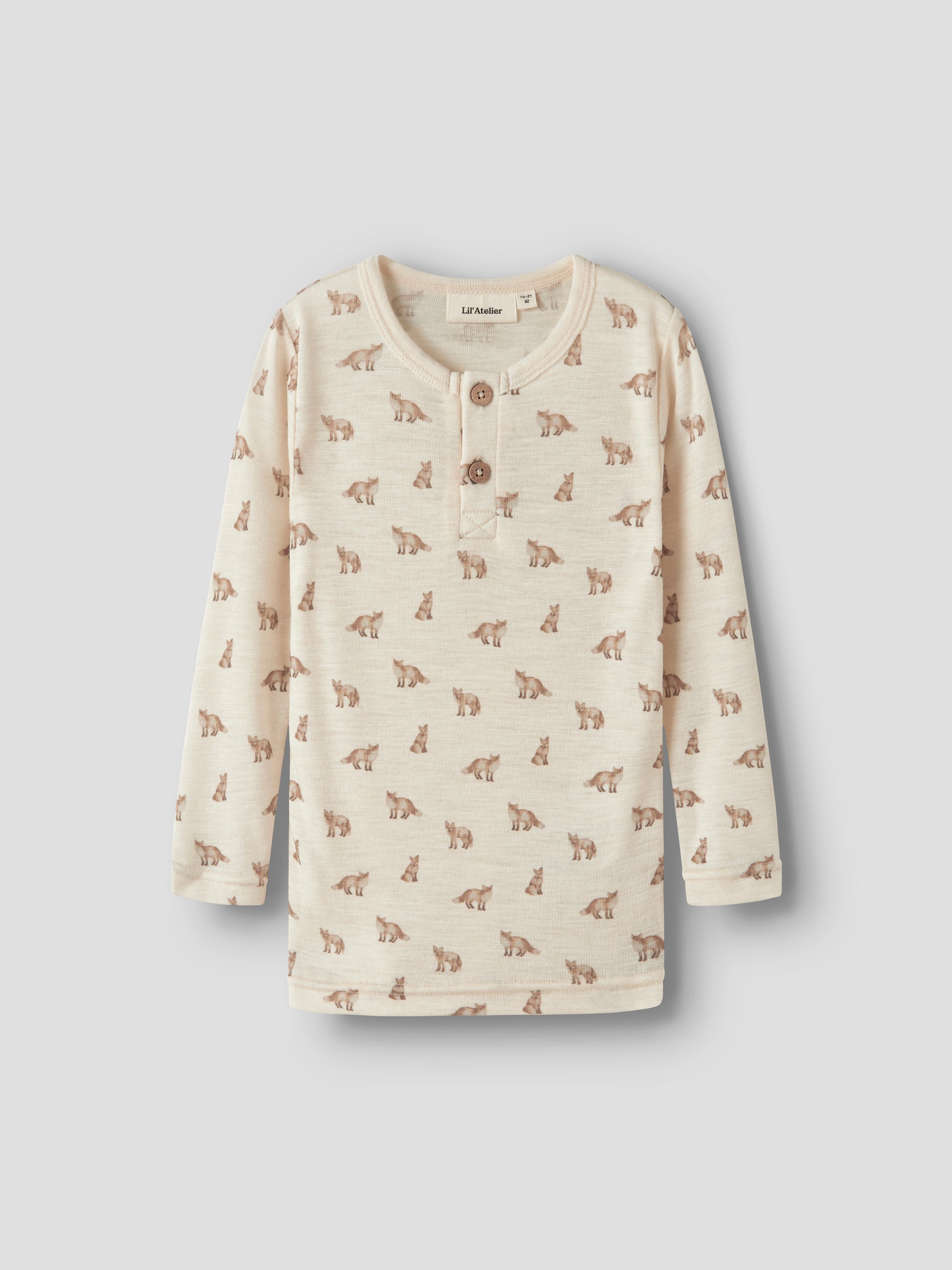 Merino/Modal Langarmshirt mit Fuchsprint in Turtledove, Vorderansicht mit O-Ausschnitt
