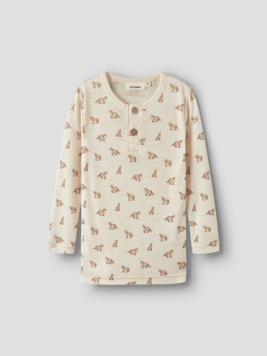 Merino/Modal Langarmshirt mit Fuchsprint in Turtledove, Vorderansicht mit O-Ausschnitt