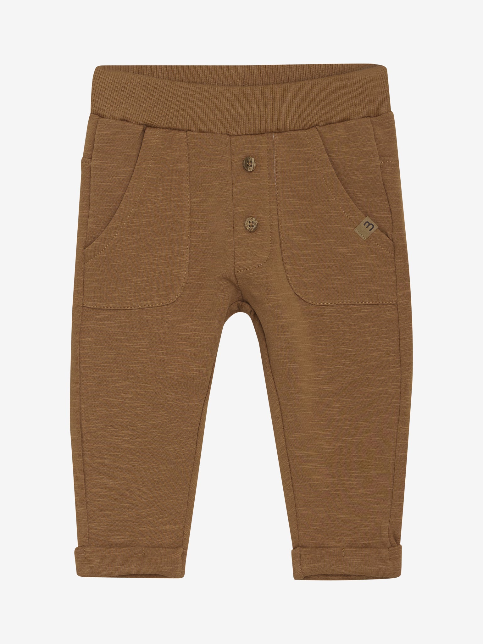 Braune Minymo Baby Sweatpants – Vorderansicht mit Bio-Baumwolle und Holzknöpfen