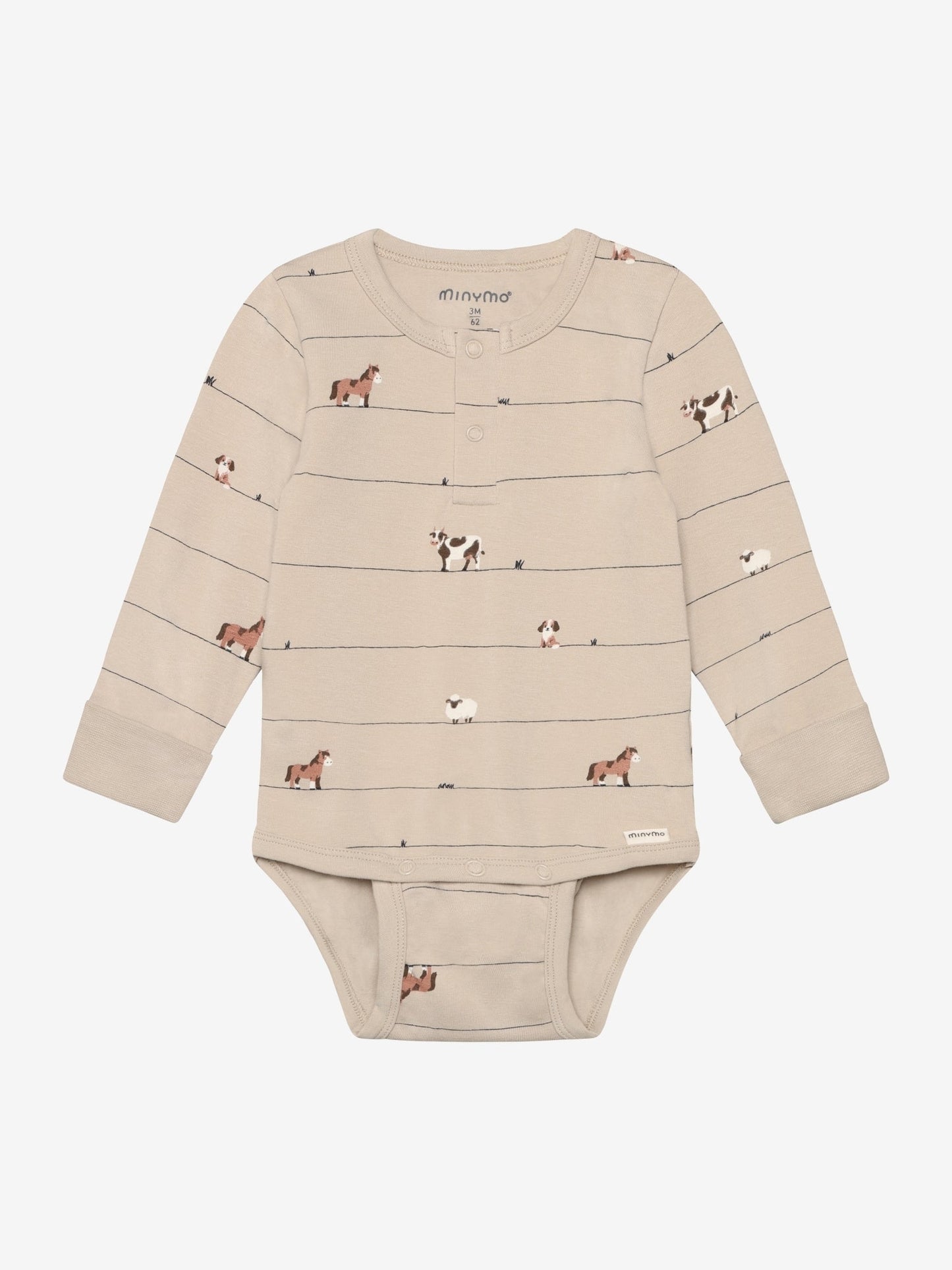 Minymo Bauernhofbody in Feather Gray mit Pferde Schafe und Kuh Print, Vorderansicht