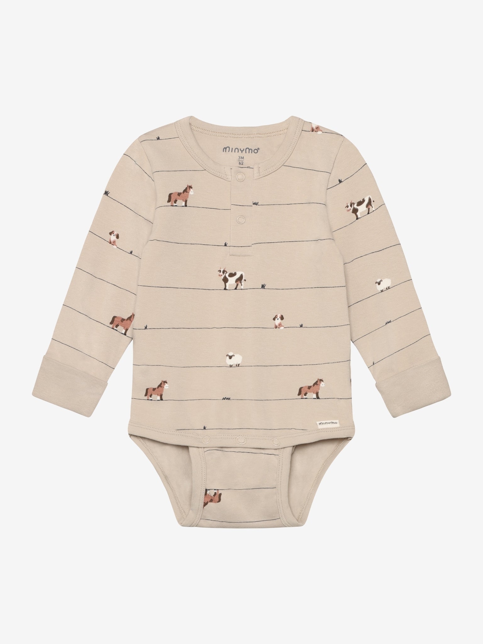 Minymo Bauernhofbody in Feather Gray mit Pferde Schafe und Kuh Print, Vorderansicht