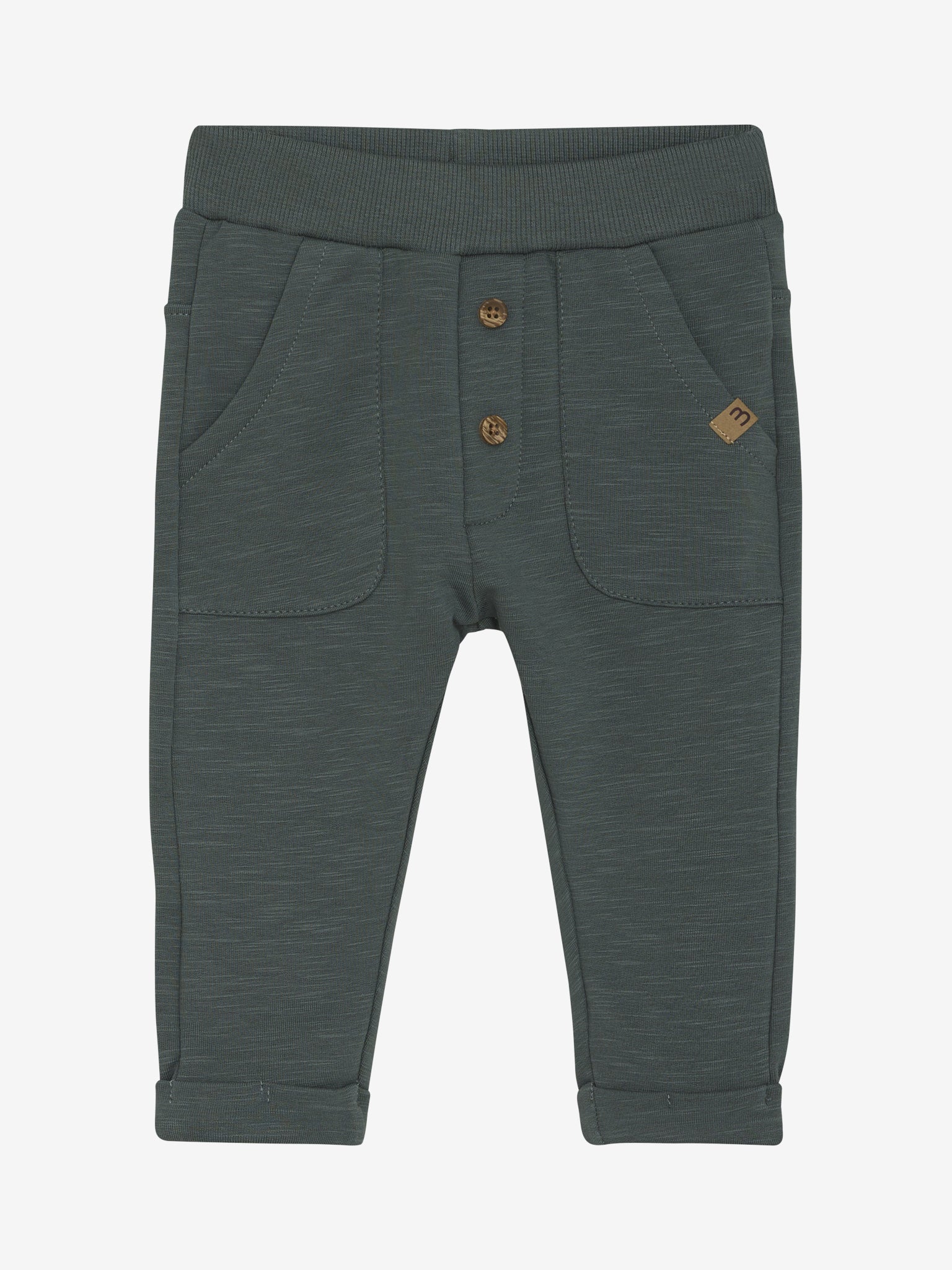 Baby Sweatpants von Minymo in Dunkelgrün – Vorderansicht mit Rippbund und Knöpfen