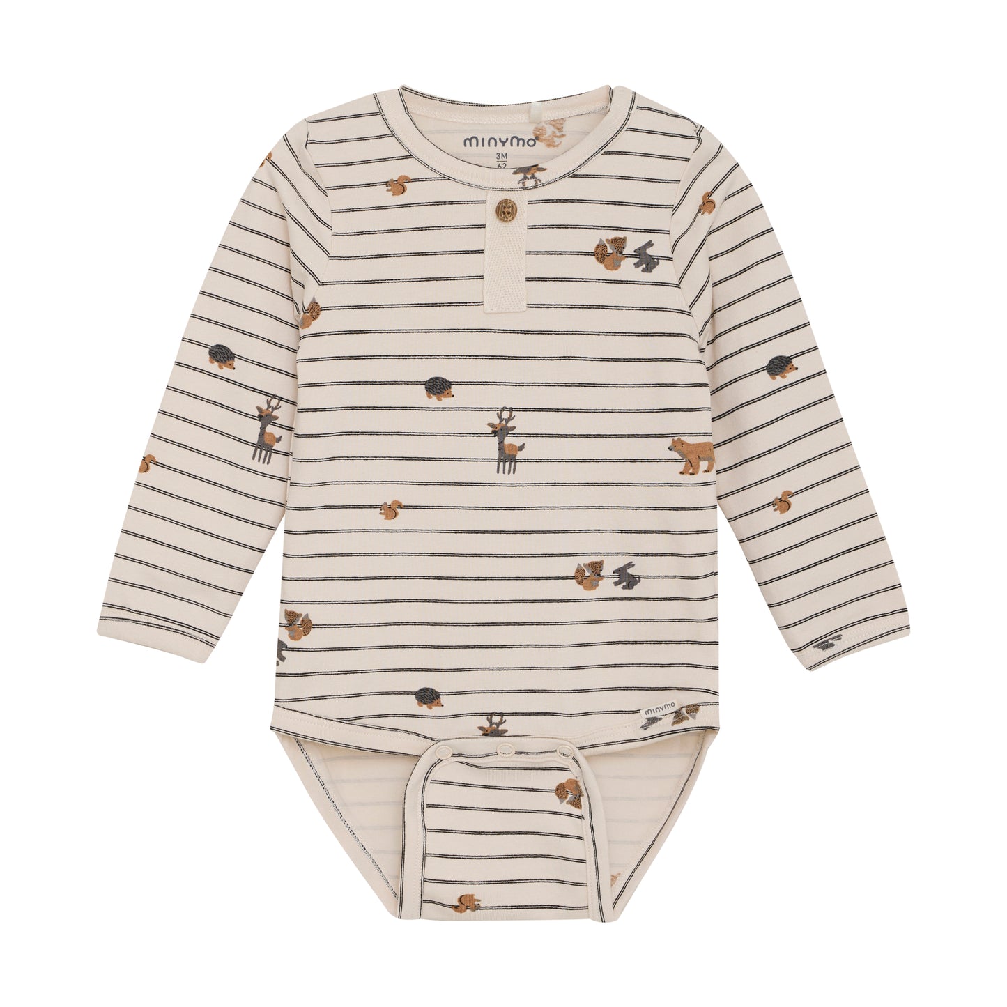 Vorderansicht des sandfarbenen MINYMO Bodys mit Waldtierprint – erhältlich bei Bärechind in Winterthur, Zürich, Schweiz