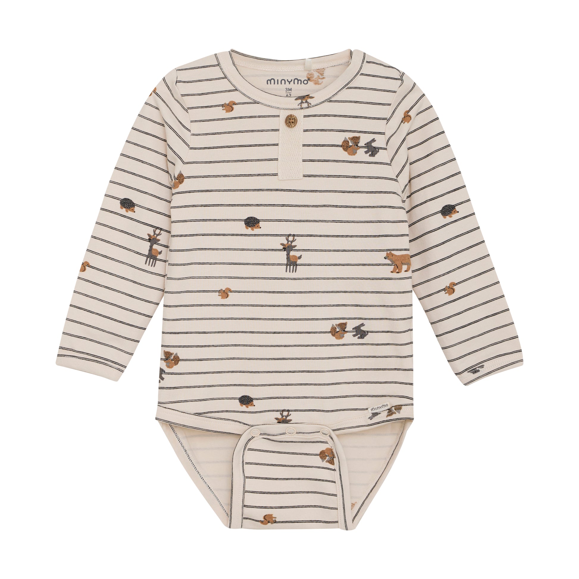 Vorderansicht des sandfarbenen MINYMO Bodys mit Waldtierprint – erhältlich bei Bärechind in Winterthur, Zürich, Schweiz