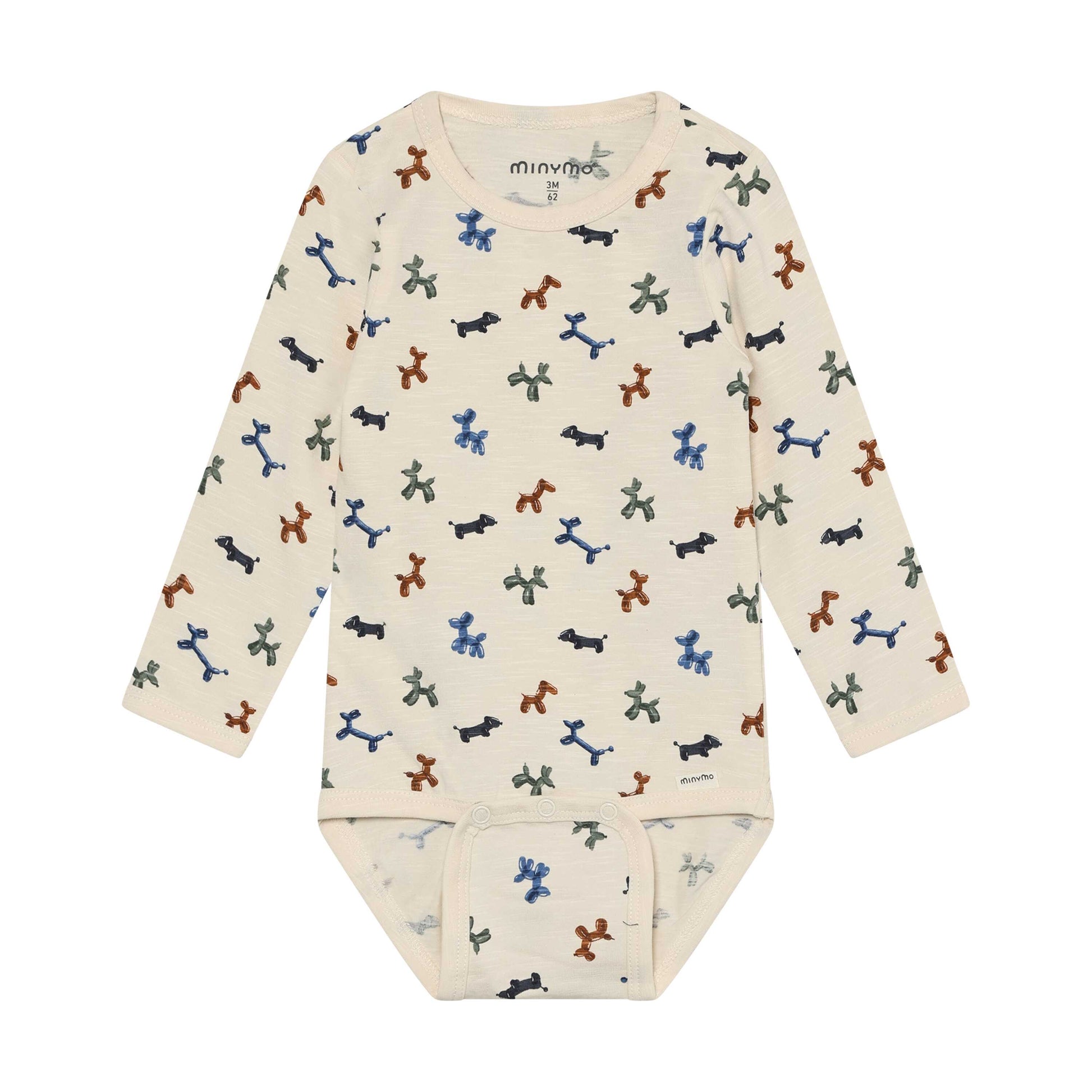 Sandfarbener MINYMO Baby Body aus Bio-Baumwolle mit Tierballon-Muster, erhältlich bei Bärechind in Winterthur, Zürich, Schweiz