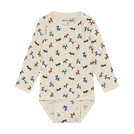 Sandfarbener MINYMO Baby Body aus Bio-Baumwolle mit Tierballon-Muster, erhältlich bei Bärechind in Winterthur, Zürich, Schweiz