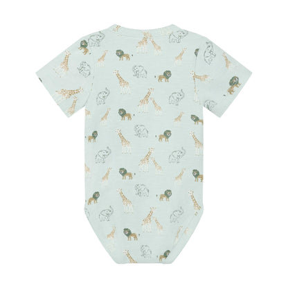 Rückansicht des mintfarbenen MINYMO Baby Bodys mit Safari-Print, Kinderladen Bärechind Winterthur Schweiz