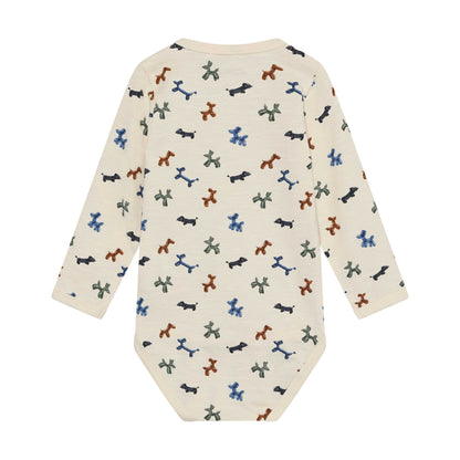 Rückansicht des sandfarbenen MINYMO Baby Bodys mit Tierballon-Print, Kinderladen Bärechind Winterthur Schweiz