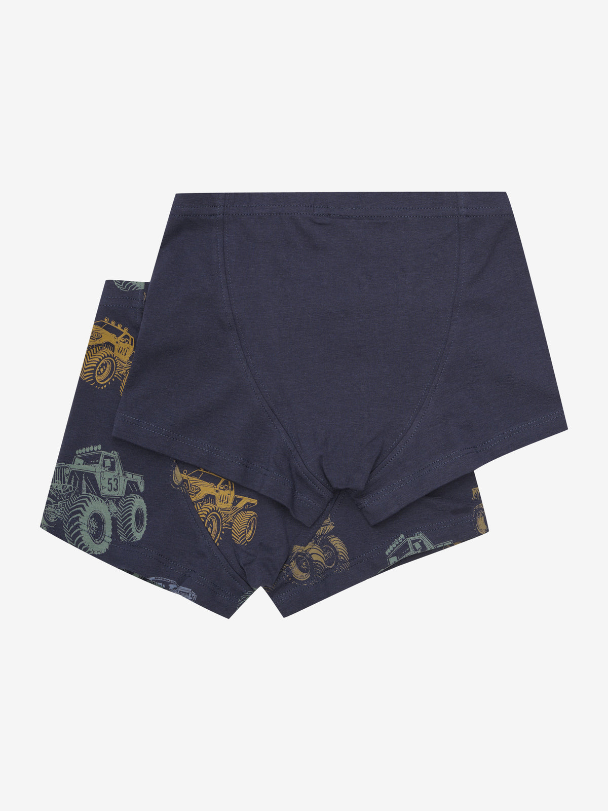 Rückansicht der Minymo Jungen Boxershorts im 2er-Pack in Dunkelblau mit Monstertruck-Print, Kinderunterwäsche Schweiz.