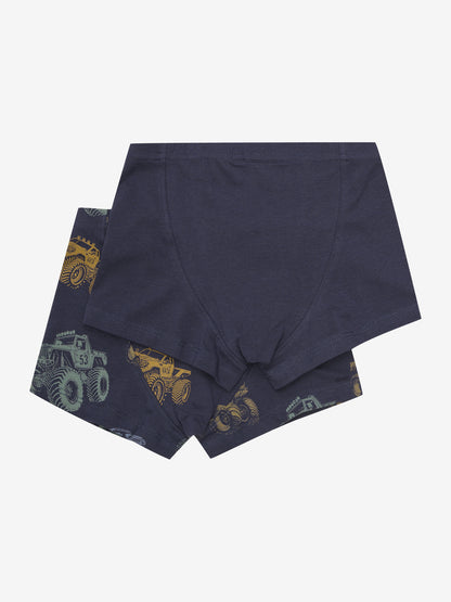 Rückansicht der Minymo Jungen Boxershorts im 2er-Pack in Dunkelblau mit Monstertruck-Print, Kinderunterwäsche Schweiz.