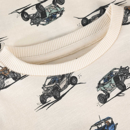 Detailansicht vom Minymo Dirtbike Print auf sandfarbenem Kinder T-Shirt, Bärechind Winterthur Zürich Schweiz