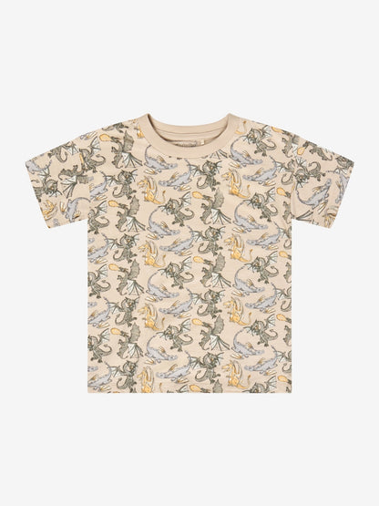 Minymo Kurzarmshirt Feather Gray Vorderansicht mit Drachenprint