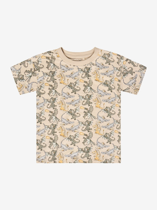 Minymo Kurzarmshirt Feather Gray Vorderansicht mit Drachenprint