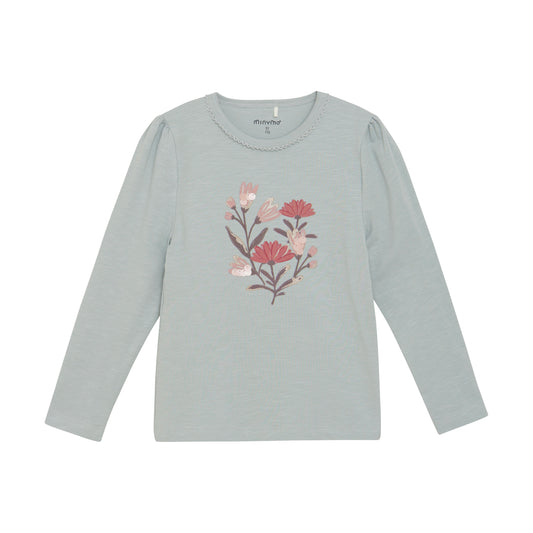 MINYMO Langarmshirt in Hellblau mit Blumenstickerei aus Baumwolle – erhältlich bei Bärechind in Winterthur, Zürich, Schweiz.