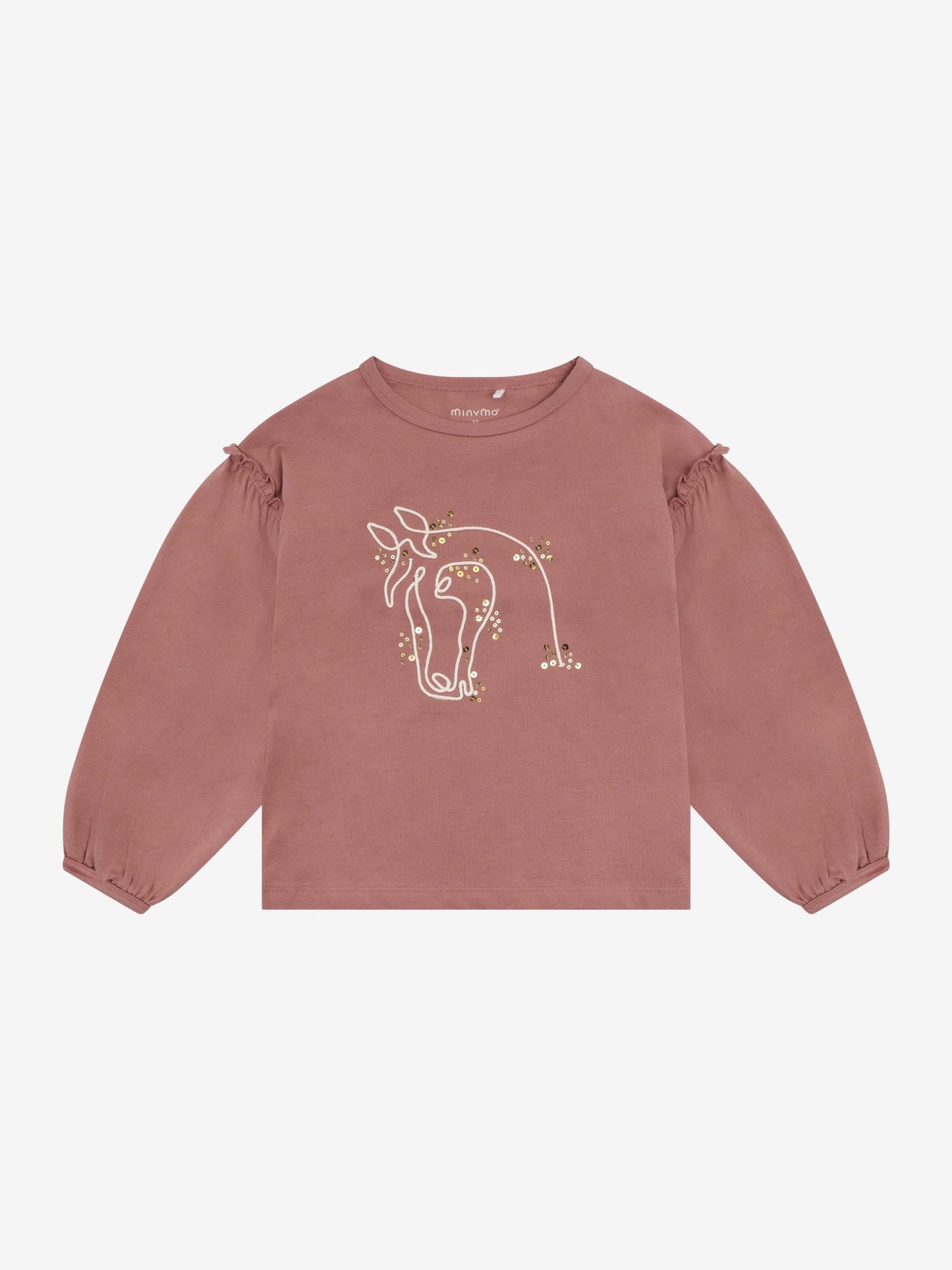 Minymo Langarmshirt in Burlwood mit Pferdekopf, Frontansicht