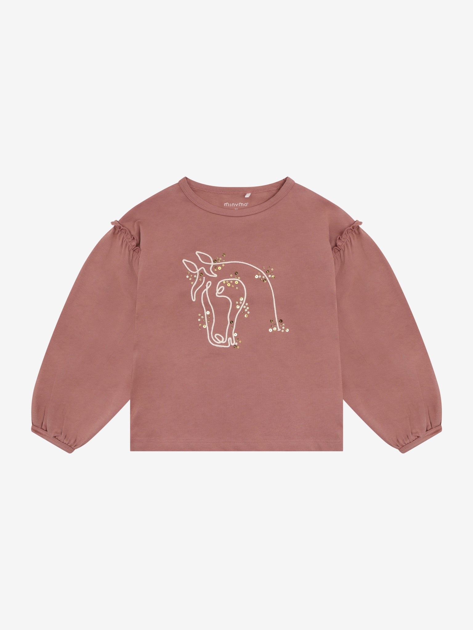 Minymo Langarmshirt in Burlwood mit Pferdekopf, Frontansicht