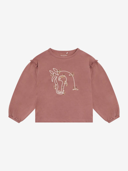 Minymo Langarmshirt in Burlwood mit Pferdekopf, Frontansicht