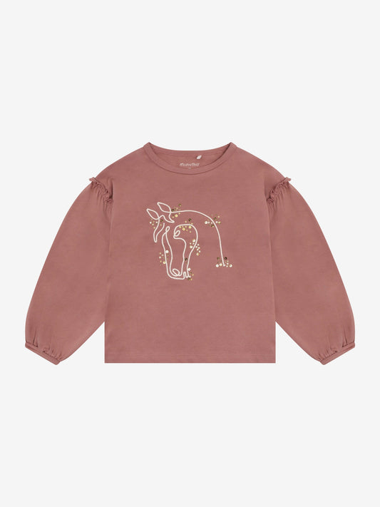 Minymo Langarmshirt in Burlwood mit Pferdekopf, Frontansicht