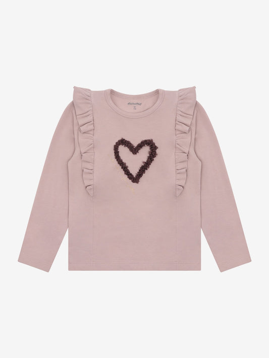 Minymo Langarmshirt in Fawn mit Herzmotiv, Frontansicht