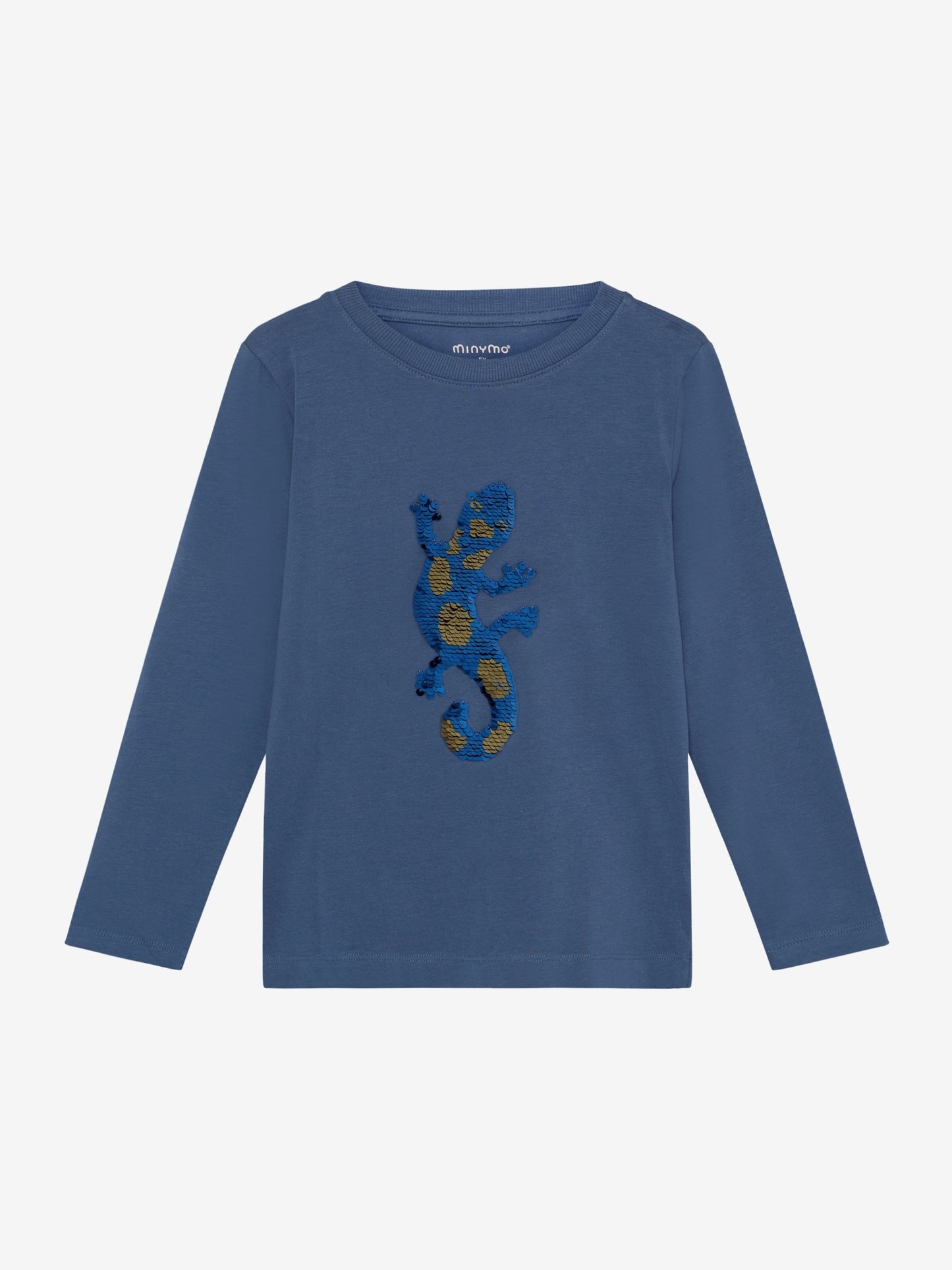 Blaues Minymo Langarmshirt mit Pailletten-Gecko aus Baumwolle – erhältlich im Bärechind in Winterthur, Schweiz.