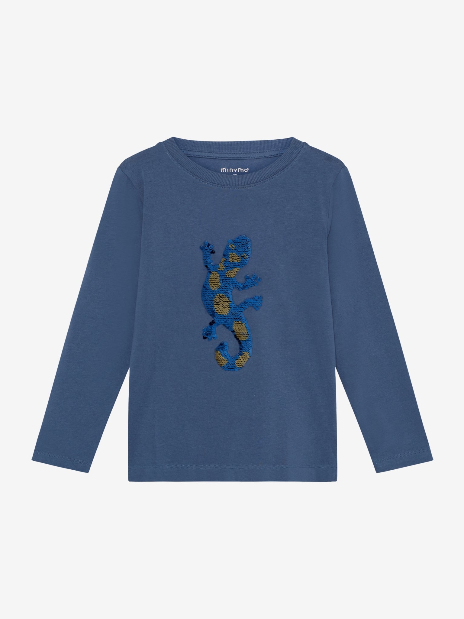 Blaues Minymo Langarmshirt mit Pailletten-Gecko aus Baumwolle – erhältlich im Bärechind in Winterthur, Schweiz.