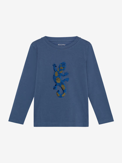 Blaues Minymo Langarmshirt mit Pailletten-Gecko aus Baumwolle – erhältlich im Bärechind in Winterthur, Schweiz.