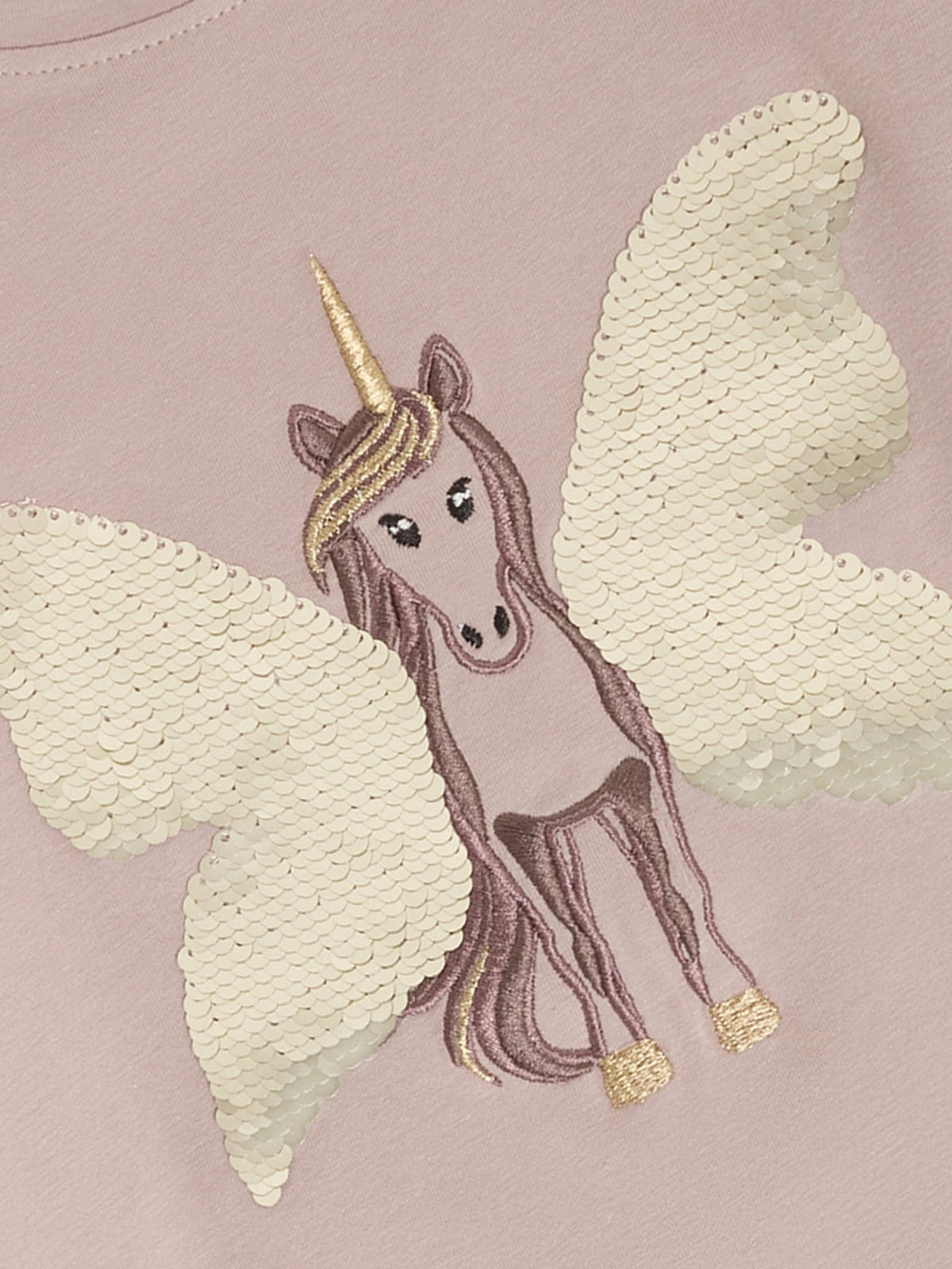 Nahaufnahme Wendepailletten Einhorn auf Minymo Shirt Bark