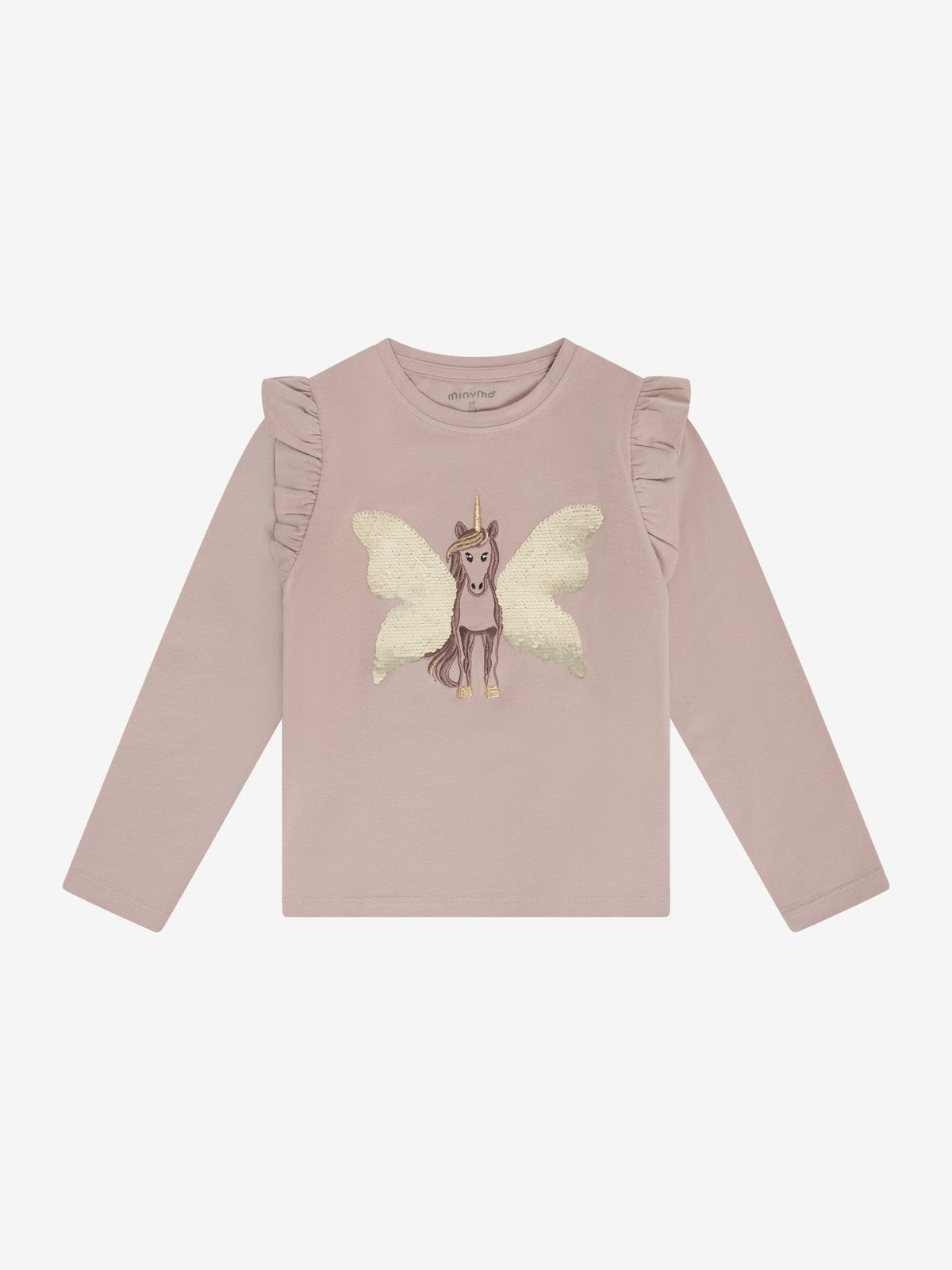Minymo Langarmshirt Bark Vorderansicht mit Wendepailletten Einhorn