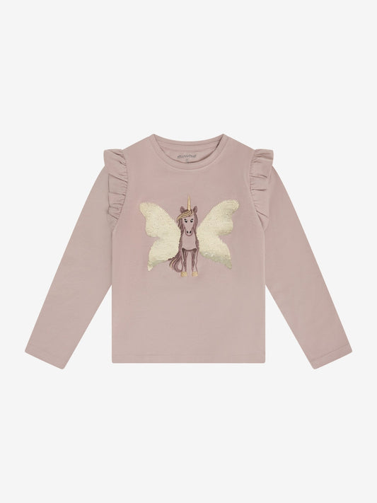 Minymo Langarmshirt Bark Vorderansicht mit Wendepailletten Einhorn