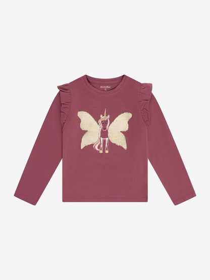 Minymo Langarmshirt Crushed Berry Vorderansicht mit Wendepailletten Einhorn