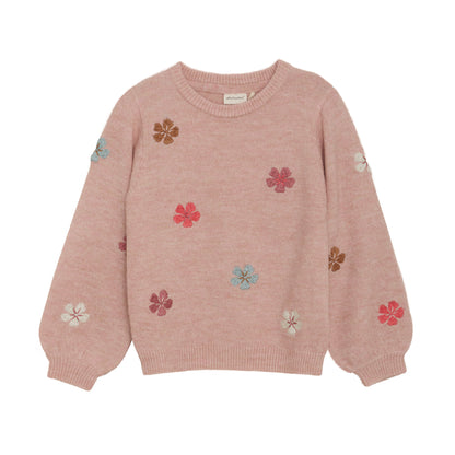 Rosa MINYMO Pullover mit bunten Blumenstickereien – erhältlich bei Bärechind in Winterthur, Zürich Schweiz.