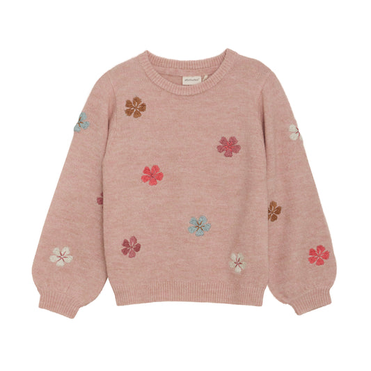 Rosa MINYMO Pullover mit bunten Blumenstickereien – erhältlich bei Bärechind in Winterthur, Zürich Schweiz.