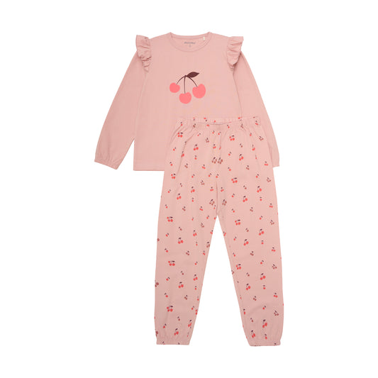 Rosa MINYMO Pyjama mit Kirschprint aus Baumwolle – erhältlich bei Bärechind in Winterthur, Zürich, Schweiz.

