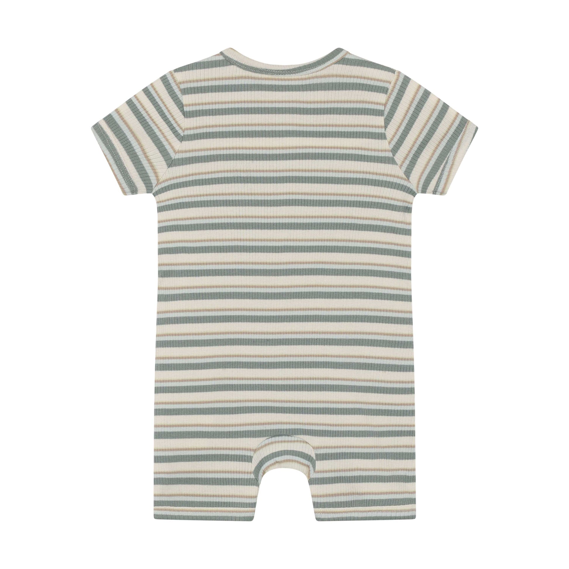 Rückansicht des grün gestreiften MINYMO Rib Stramplers für Babys, Kinderladen Bärechind Winterthur Schweiz