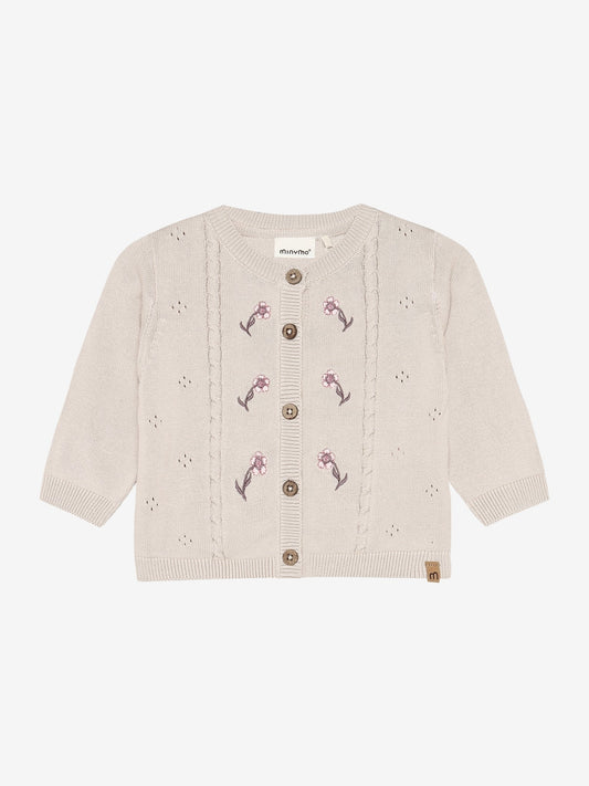 Minymo Strickjacke in Pink Tint mit Blumenstickerei, Frontansicht