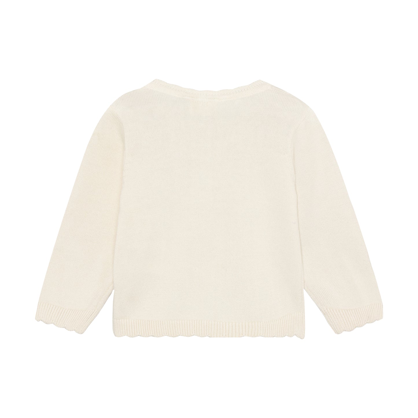 Rückansicht der weissen Minymo Strickjacke aus Bio-Baumwolle im Bärechind Winterthur, Zürich, Schweiz