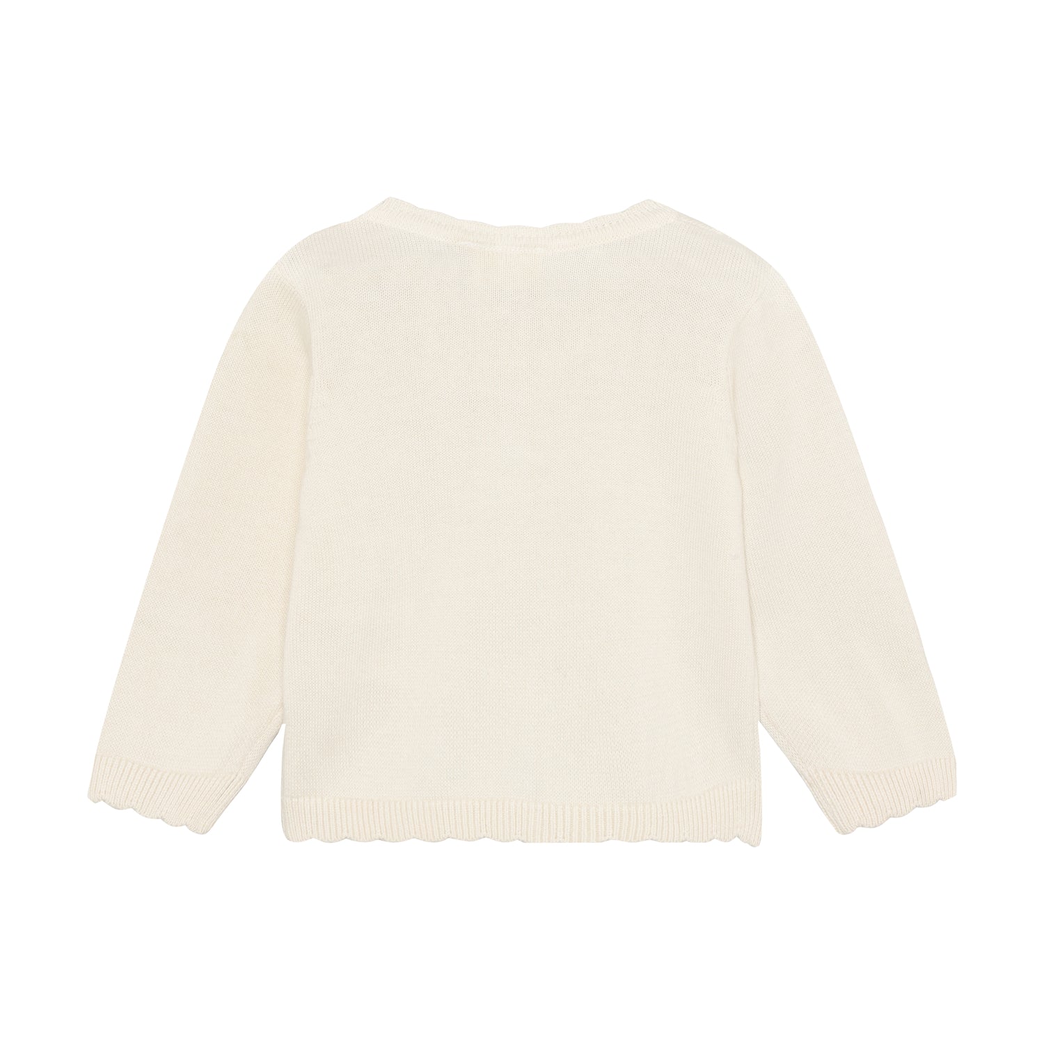 Rückansicht der weissen Minymo Strickjacke aus Bio-Baumwolle im Bärechind Winterthur, Zürich, Schweiz