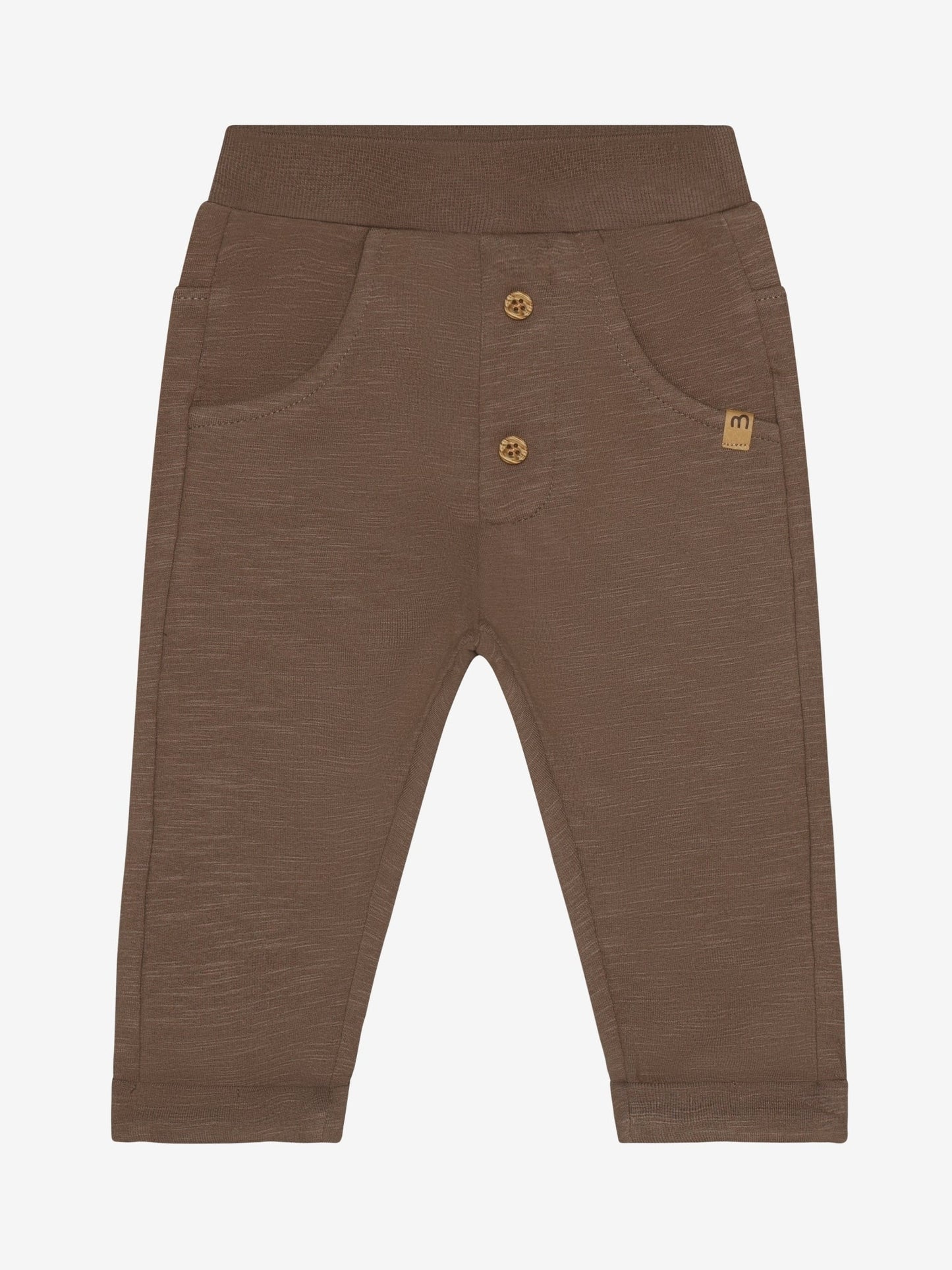 Minymo Sweathose Baby Chocolate Chip Vorderansicht mit Taschen und Knöpfen