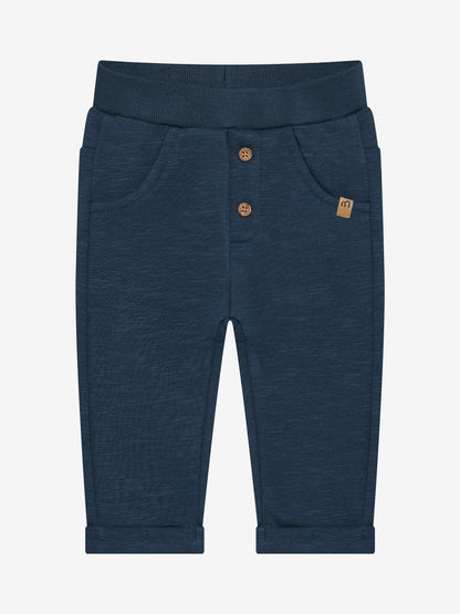 Minymo Sweathose Baby Midnight Navy Vorderansicht mit Taschen und Knöpfen