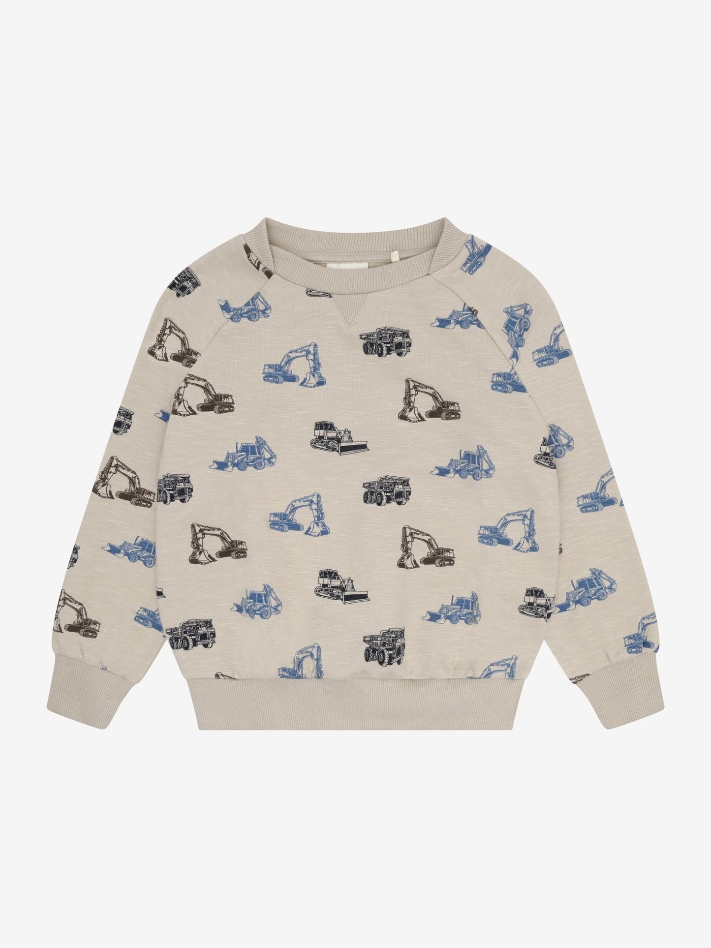 Minymo Sweatshirt Feather Gray Vorderansicht mit Baufahrzeugen