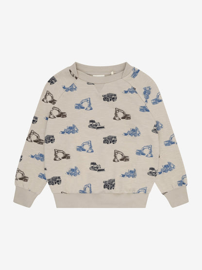 Minymo Sweatshirt Feather Gray Vorderansicht mit Baufahrzeugen