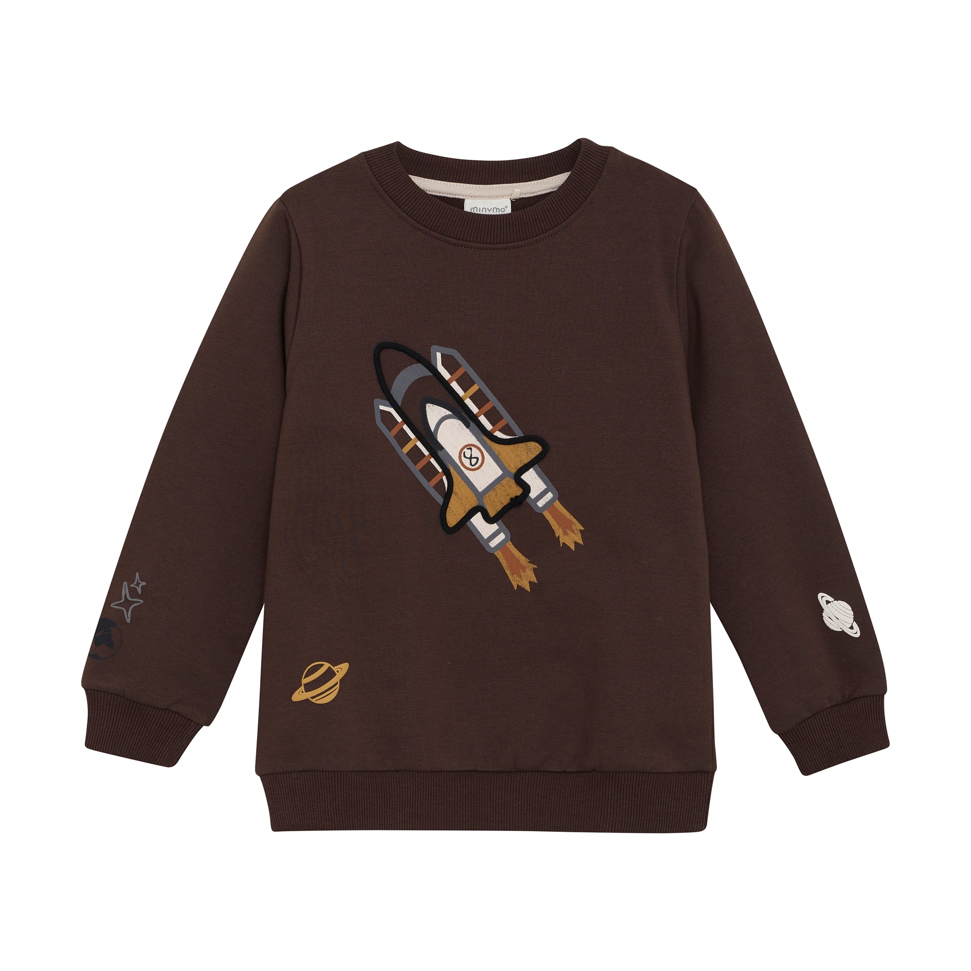 Braunes MINYMO Sweatshirt mit Raketenmotiv aus Baumwolle – erhältlich bei Bärechind in Winterthur, Zürich Schweiz.