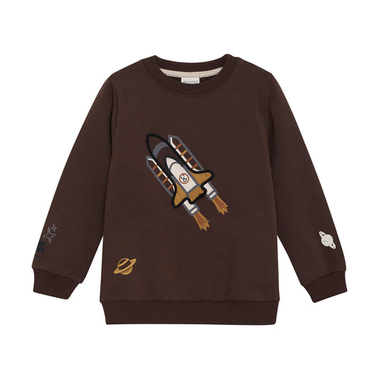 Braunes MINYMO Sweatshirt mit Raketenmotiv aus Baumwolle – erhältlich bei Bärechind in Winterthur, Zürich Schweiz.