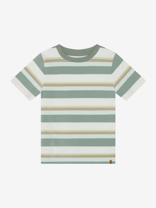 Gestreiftes Kinder T Shirt aus Bio Baumwolle in Grün von Minymo im Bärechind Kinderladen Winterthur Zürich Schweiz