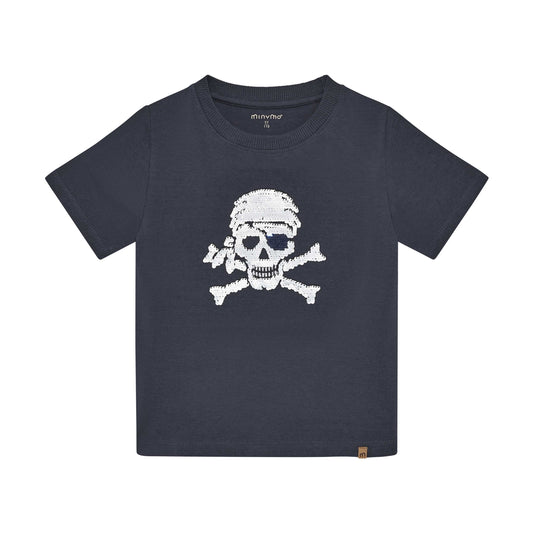 Minymo T-Shirt mit Totenkopf-Print in Grau, Kinderladen Bärechind Winterthur Zürich Schweiz
