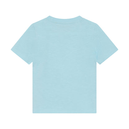 Rückansicht blaues Minymo Kinder T-Shirt aus Baumwolle, Bärechind Winterthur Zürich Schweiz.