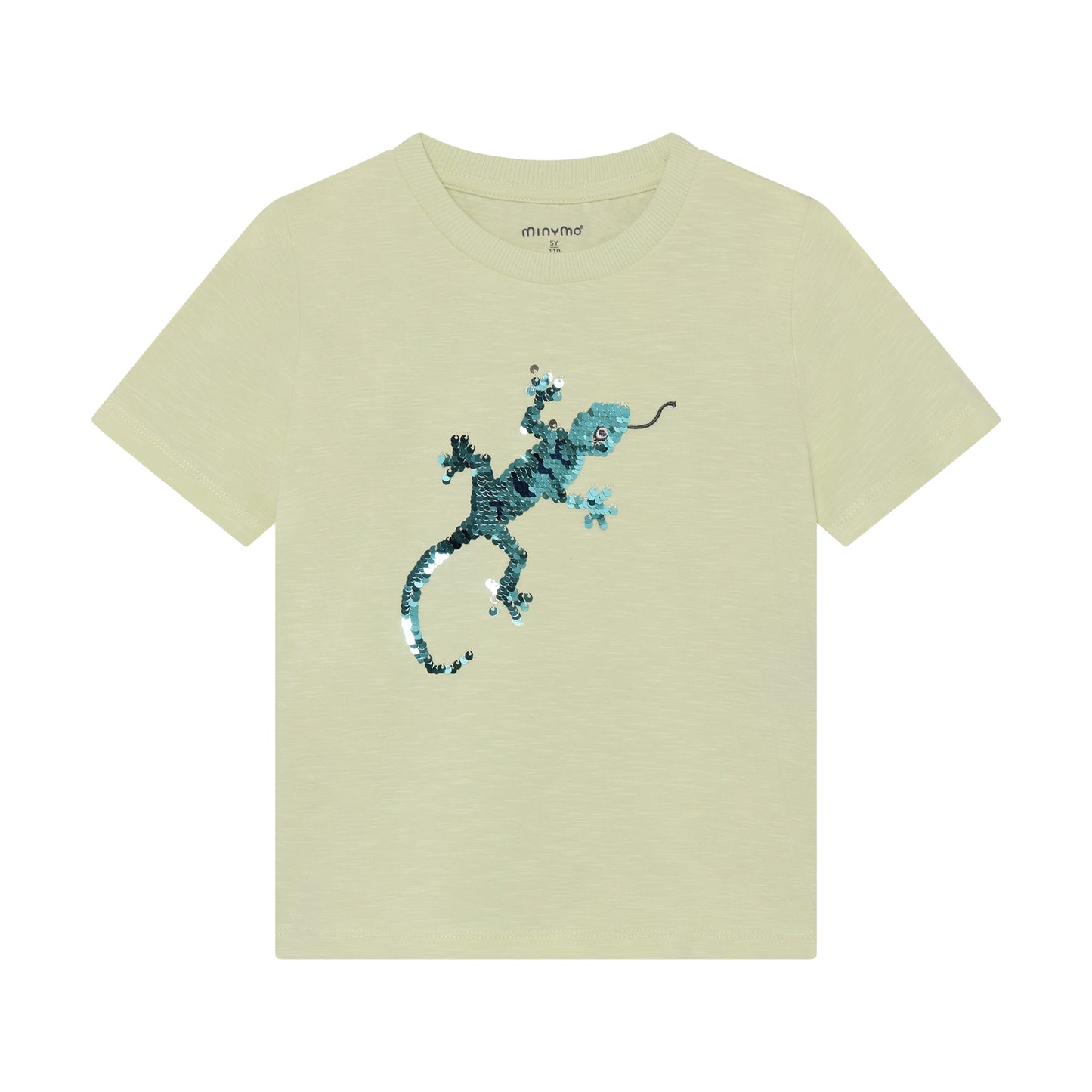 Minymo T-Shirt mit Eidechse aus Wendepailletten in Hellgrün, erhältlich im Bärechind Winterthur Zürich Schweiz.